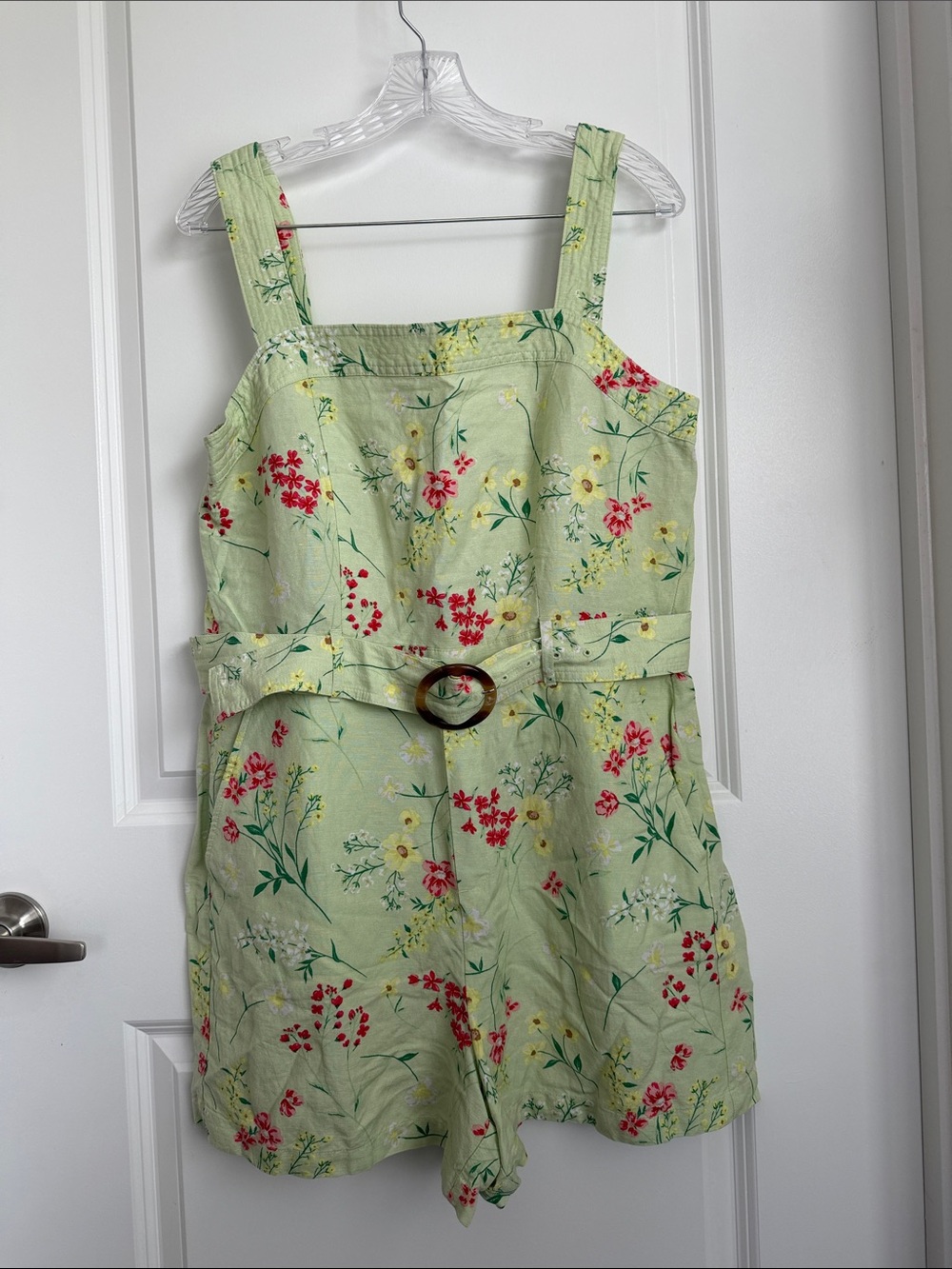 LOFT Light Green Floral Belted Romper